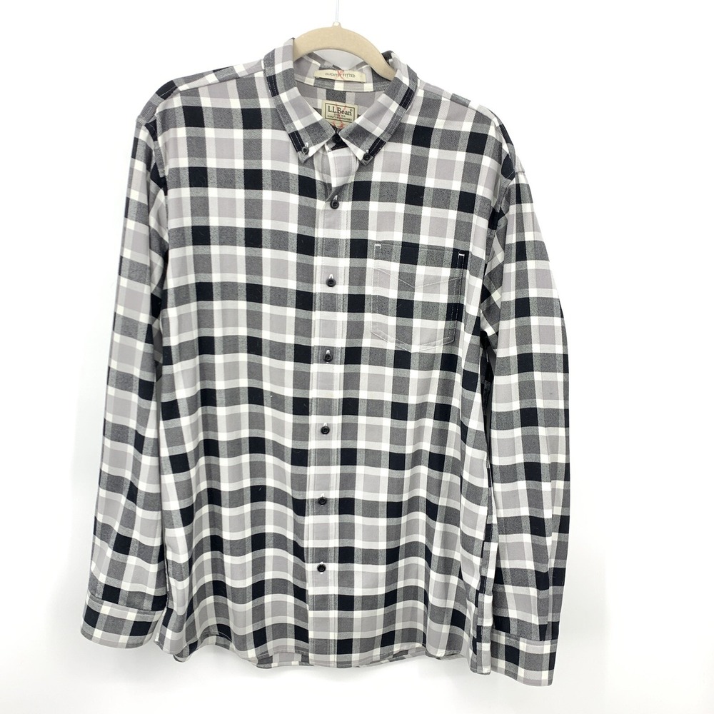 LL Bean Men Large Shirt Button Down Slighlty Fitted Black Gray Plaid Cotton